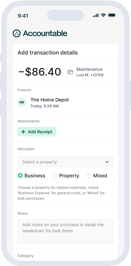 Accountable text link where a technician adds a receipt and picks a property
